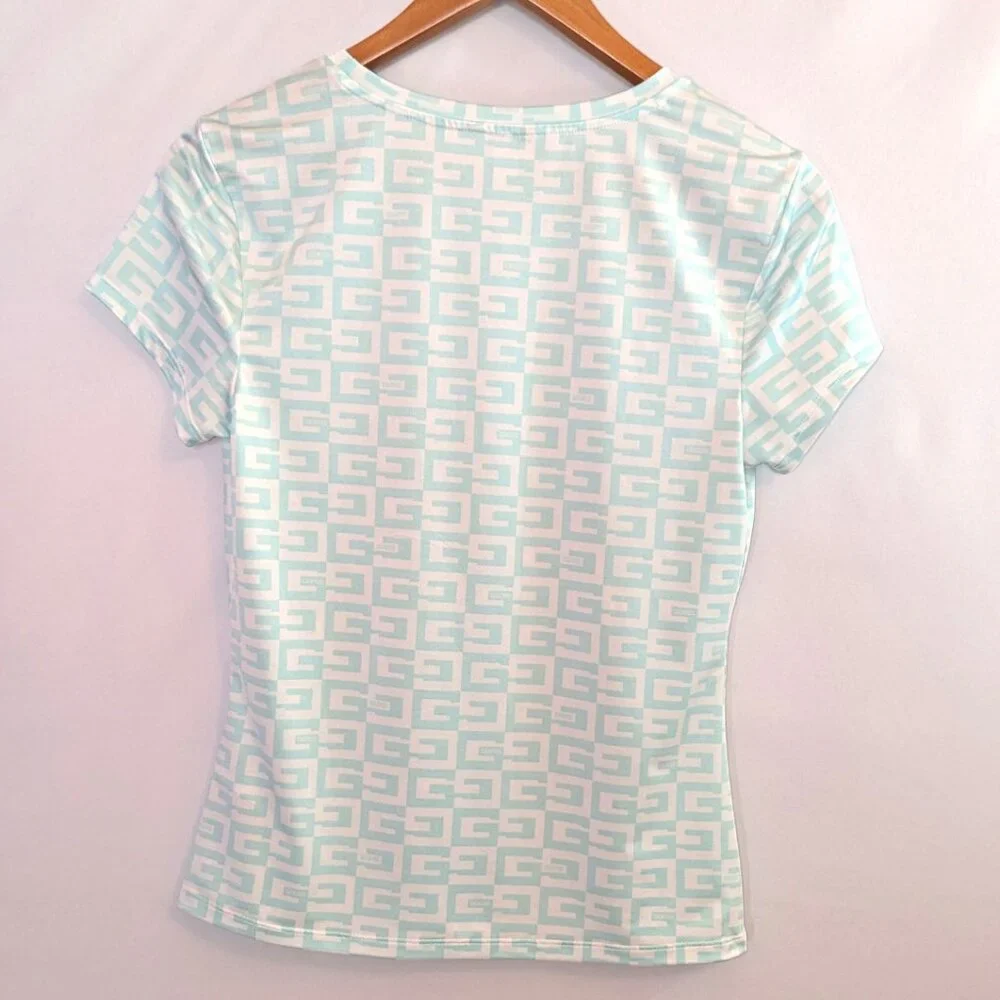 Guess | Slinky Short Sleeve G Checker Logo Top White & Pastel Turquoise | Medium